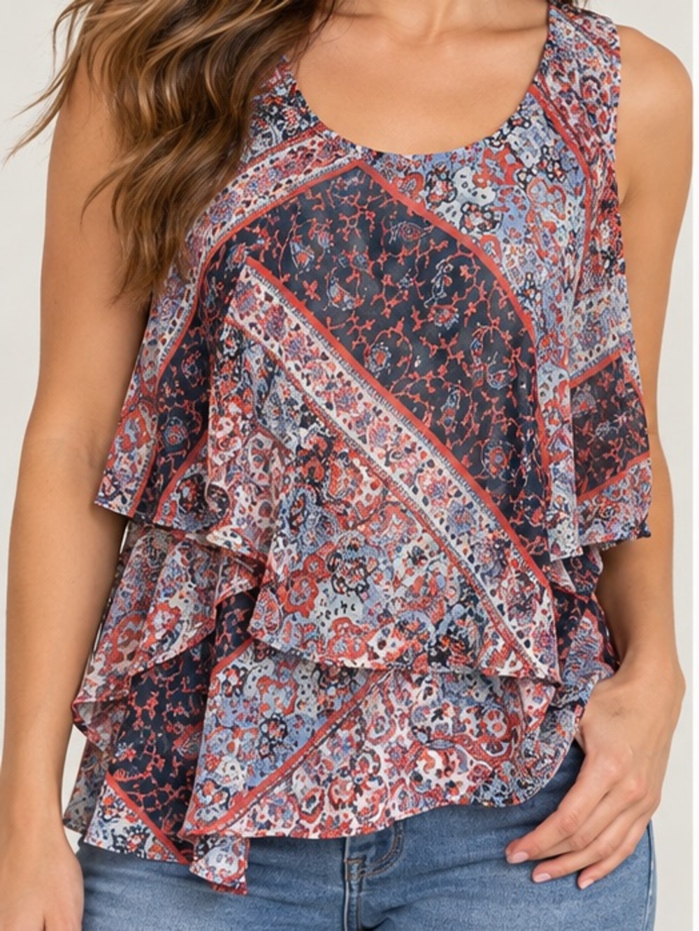 Sleeveless Ruffle Print Tank Top - Red Multi